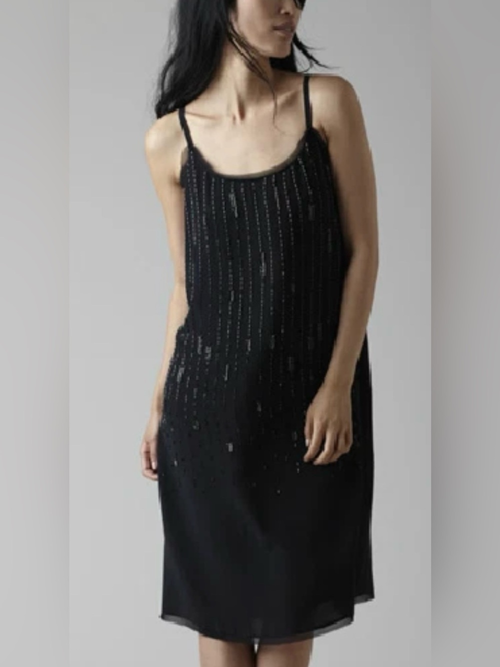 Eileen Fisher Beaded Silk Crepe De Chine Knee Length Cami Dress Black 16